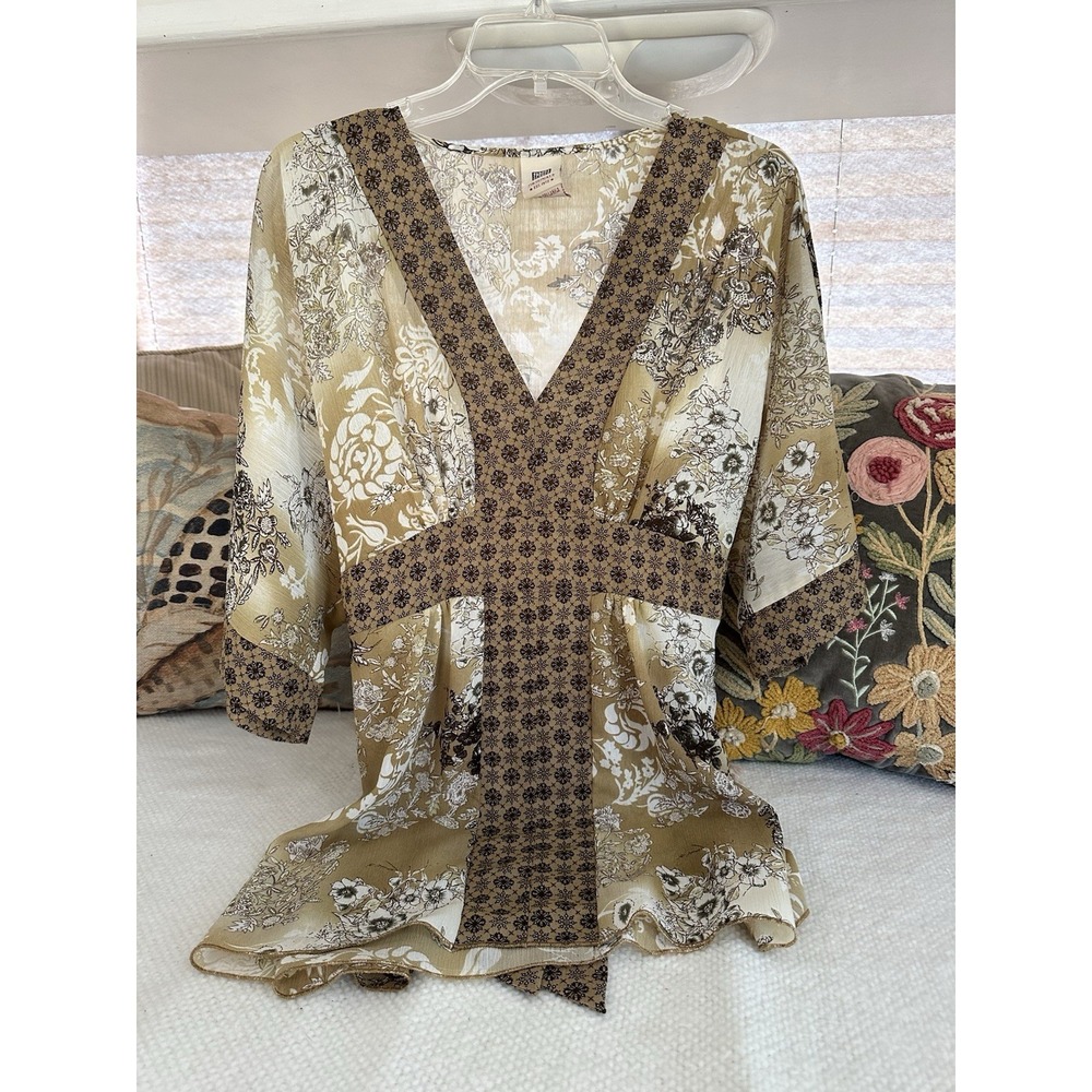 Babydoll Floral Blouse Sz XL Tan White V Neck Kimono Sleeve Semi Sheer Boho Chic